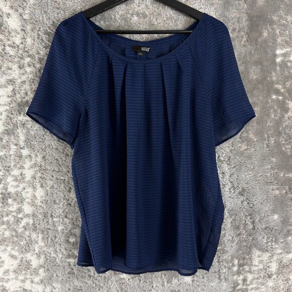 ANA A New Approach Tops - ANA A New Approach Size L Casual Semi Sheer Pleated Top Navy Short Sleeve